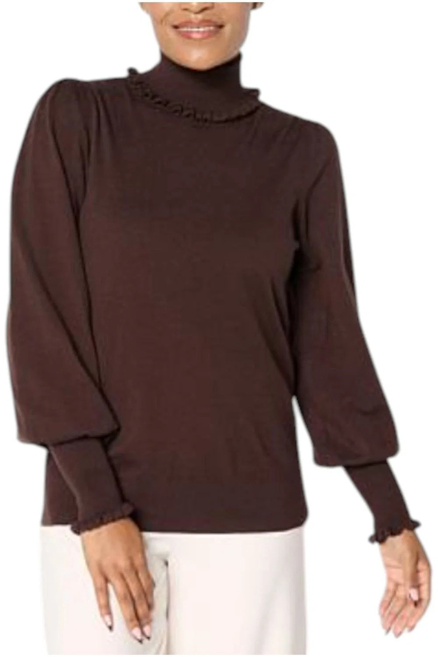 C Wonder Women's Luxe Blouson Sleeve Turtleneck Sweater Dark Chocolate - Regular